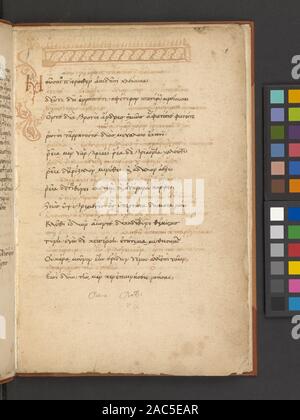 Casque ; interlinear scholia (f 1) énumérées dans de Ricci, Seymour, recensement des manuscrits du Moyen Âge et de la Renaissance dans les États-Unis et le Canada. New York. N.Y. : H.W. Wilson, 1935 ; et garanti, New York, N.Y. : Bibliographical Society of America, 1962. Script : cursive humaniste angulaire. Un col23 lignes sur folio non numéroté, lignes 24-26 (après les lignes 12 et 13 du texte d'Hésiode avec 12-13 lignes de gloses interlinéaires) ; gouverné avec une mince couche de sol sec point sur chaque verso. Actionnariat : Acheté par J.J. Astor III de libraire Romain Bocca. Compte tenu d'Astor à l'Astor Library de New York en 1885 et est devenu une partie Banque D'Images