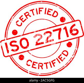 Grunge certifié ISO 22716 rouge ronde word joint en caoutchouc stamp sur fond blanc Illustration de Vecteur