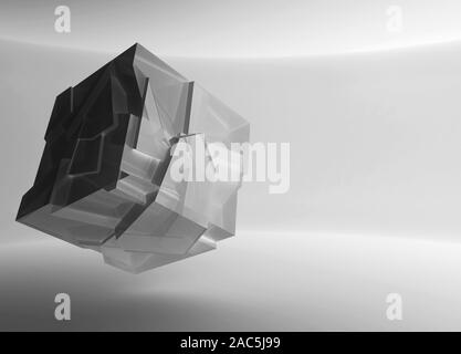 Abstract black flying cube crystal objet avec la fragmentation est chaotique dans un vide intérieur blanc, rendu 3d illustration Banque D'Images