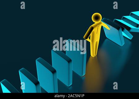 L'homme figure l'arrêt de l'effet domino. La direction et le contrôle des risques concept. Le rendu 3D Banque D'Images