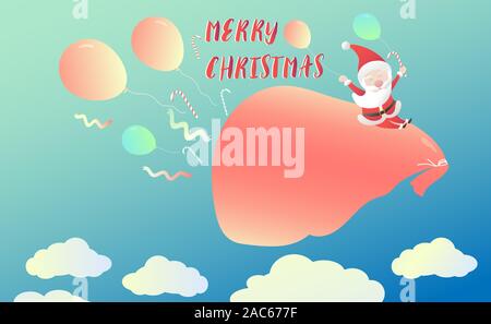Funny santa claus équitation grand sac de boîte-cadeau sur nuage blanc avec ciel bleu, concept de Noël. Vector illustration. Illustration de Vecteur
