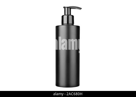 Les cosmétiques en plastique noir avec pompe Bouteille isolé sur fond blanc distributeur de savon près, modèle de conteneur, crème, shampoing, gel paquet vide Banque D'Images