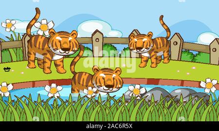 Scène avec les tigres en illustration le jardin Illustration de Vecteur