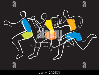 Marathon course jogging,art ligne stylisée. Ligne colorés décoratifs art illustration stylisée de trois coureurs d'exécution.Vector disponibles. Illustration de Vecteur