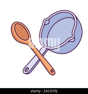 Cuillère en bois croisés et plat de cuisson en dessin cartoon style simple. Vector illustration d'ustensiles de cuisine. Illustration de Vecteur
