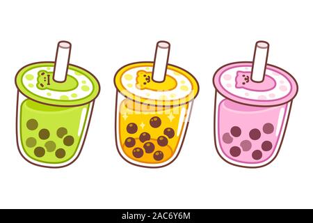 Cute cartoon bubble tea cups set de dessin. Matcha, orange et fraise smoothies. Boba dessinés à la main, un plateau/bouilloire. vector illustration Illustration de Vecteur