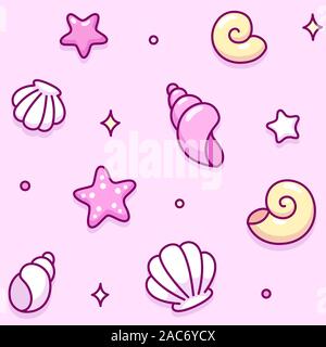 Cute cartoon seashell doodle motif transparent. Hand drawn coquilles de mer, plage vacances d'été. Vector illustration d'arrière-plan. Illustration de Vecteur