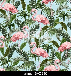 Modèle sans couture avec flamingo et feuilles tropicales. Vecteur. Illustration de Vecteur