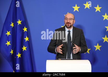 (191201) -- Bruxelles, le 1 décembre, 2019 (Xinhua) -- le président du Conseil européen, Charles Michel prononce une allocution lors d'une cérémonie pour marquer le 10e anniversaire de l'entrée en vigueur du Traité de Lisbonne, à la maison de l'histoire européenne à Bruxelles, Belgique, le 1 décembre, 2019. (Xinhua/Zhang Cheng) Banque D'Images