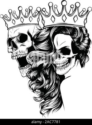 Tatouage de roi et de la reine de la mort. Portrait d'un crâne avec une couronne. Illustration de Vecteur