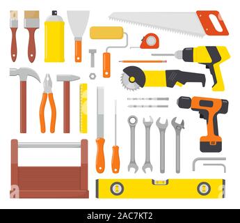 Collection d'outils de travail. Outils de réparation et de construction icon set. Marteau, pinces, ciseau, fichier, tournevis, pinceau, spatule, clé, vu, percez rul Illustration de Vecteur