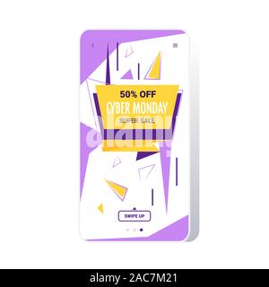 Grosse vente autocollant Cyber Monday offre spéciale promo vacances shopping concept marketing en ligne de l'écran du smartphone app mobile campagne de publicité bannière vector illustration Illustration de Vecteur