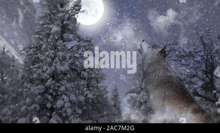 Le chant du loup sur lune en forêt d'hiver. 3d illustration. Banque D'Images