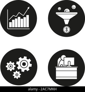 Business icons set. Entonnoir de ventes, la courbe de croissance, roues dentées et employé de bureau. Vector silhouettes blanc illustrations de cercles noirs Illustration de Vecteur