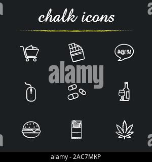 Chalk toxicomanie icons set. Tabac, drogues, de l'alimentation, de jurons, de shopping, d'ordinateurs, de l'alcoolisme. La marijuana, cigarettes, comprimés, burger, chocolat, ordinateur Illustration de Vecteur