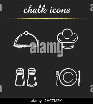 Les articles de cuisine Restaurant icons set de craie. Salières et poivrières, Chef's Hat, plat couvert, fourchette, assiette et couteau de table. Je tableau vecteur isolé Illustration de Vecteur