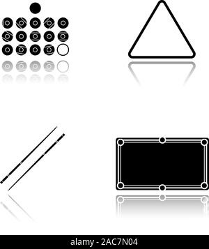 Équipement de billard noir ombre portée icons set. Boules de billard, table, indices et support de boule. Illustrations vectorielles Illustration de Vecteur