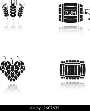 La production d'alcool et de bière noire ombre portée icons set. Des tonneaux de bois, cônes de houblon, les épis de blé, le baril de rhum avec robinet et drop. Illustra vectorielles Illustration de Vecteur