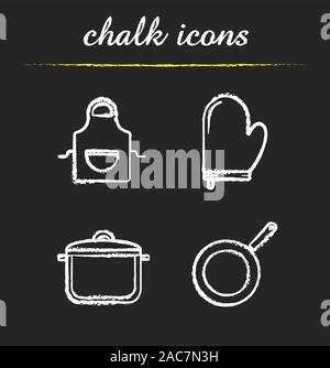 Craie cuisine icons set. Des ustensiles de cuisine. Tablier de cuisine, gant, casserole avec couvercle, poêle. Illustrations vectorielles chalkboard Illustration de Vecteur