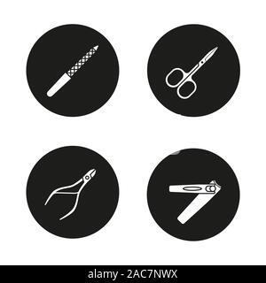 Icons set manucure. Pédicure et manucure matériel. Pince Cuticules, Ciseaux, lime à ongles, pincette. Vector silhouettes blanches illustrations en noir ci Illustration de Vecteur