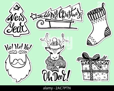 Décor de Noël Doodle et le lettrage. Autocollants dessinés à la main, mignon, des éléments de conception de fête. Joyeux Noël et Nouvel An, des symboles. Vector illustration Illustration de Vecteur