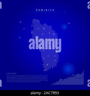 Dominique allumé carte avec points lumineux. Éléments infographiques. Arrière-plan de l'espace bleu foncé. illustration. Tableau de croissance, lorem ipsum texte. Banque D'Images