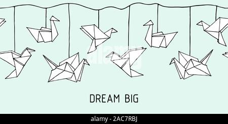 Guirlande transparente avec la main d'oiseaux Origami - grue, Swan, colibri et colombe. Cartoon kids ornement. Illustration vecteur doodle mignon. Illustration de Vecteur