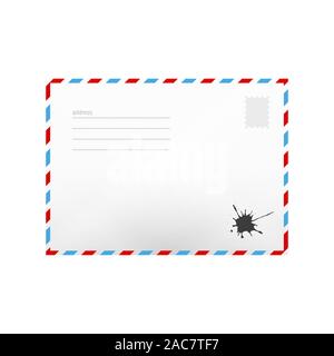 Courrier de l'air enveloppe réaliste avec les lignes d'adresse isolé sur blanc. Arrière-plan postal. illustration. Timbre-poste et de l'encre blot. Banque D'Images