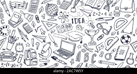 Retour à l'école sans motif. doodle Arrière-plan dessiné à la main avec du matériel scolaire et des éléments créatifs. Vector illustration. Illustration de Vecteur