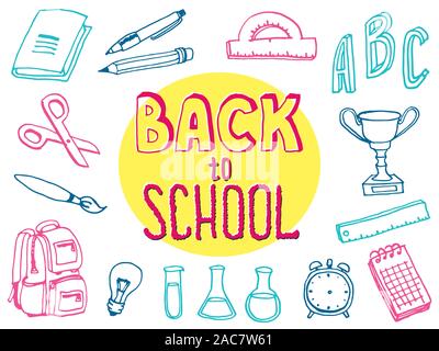 Retour à l'école doodle éléments. Lettrage et collecte de fournitures scolaires. Sketch icon set. Vector illustration. Illustration de Vecteur