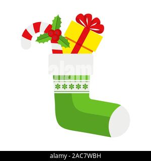 Chaussette verte de Noël avec des bonbons et des cadeaux. Illustration de Vecteur