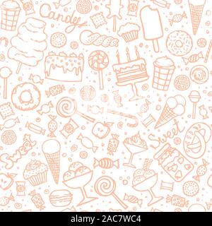 Doodle candy arrière-plan. Modèle intégré de bonbons, gâteaux, bonbons, glaces et desserts. Hand drawn vector illustrations. Illustration de Vecteur