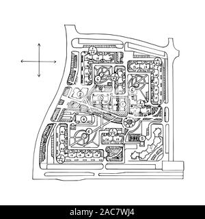 Plan d'urbanisme d'une ville, vieux village. Doodle plan de la ville. Ville vecteur dessin. Plan des rues. Mégalopole futuriste Base Ville Plan. Illustration de Vecteur