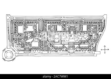 Plan d'urbanisme d'une ville, vieux village. Doodle plan de la ville. Ville vecteur dessin. Plan des rues. Mégalopole futuriste Base Ville Plan. Illustration de Vecteur