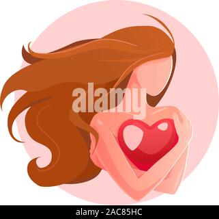 Aimer vous-même concept. Fille d'illustration vectorielle de la santé. Woman hugging avec coeur blanc sur fond isolé. lonely valentines carte de vœux. l'estime de soi la santé mentale d'un logo. Illustration de Vecteur