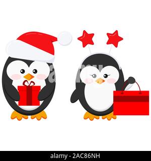 Noël Cute penguin boy and girl couple avec x-mas set cadeaux isolé sur fond blanc Illustration de Vecteur