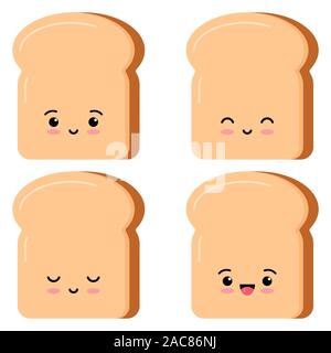 Kawaii Cute cartoon styly pain toasts ensemble isolé sur fond blanc. Illustration de Vecteur