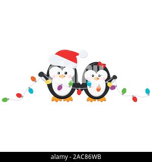 Noël Cute penguin boy and girl couple avec garland isolé sur fond blanc Illustration de Vecteur