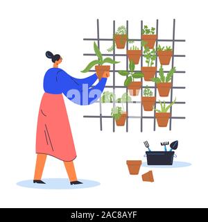 Jardin Vertical concept.femme cultive les plantes en pots Illustration de Vecteur