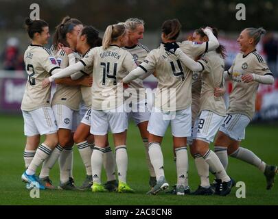 Dagenham, UK. 1er décembre 2019. Kirsty Hanson de Manchester United Women célèbre son but.au cours de la Barclays Women's super match de championnat entre West Ham United Manchester United et les femmes au stade vert jonc sur Décembre 01, 2019 à Dagenham, en Angleterre. (Photo par AFS/Espa-Images) Credit : Cal Sport Media/Alamy Live News Banque D'Images