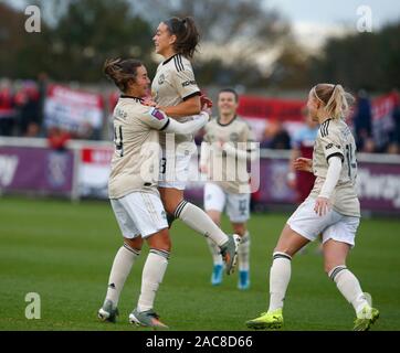 Dagenham, UK. 1er décembre 2019. Kirsty Hanson de Manchester United Women célèbre son but.au cours de la Barclays Women's super match de championnat entre West Ham United Manchester United et les femmes au stade vert jonc sur Décembre 01, 2019 à Dagenham, en Angleterre. (Photo par AFS/Espa-Images) Credit : Cal Sport Media/Alamy Live News Banque D'Images