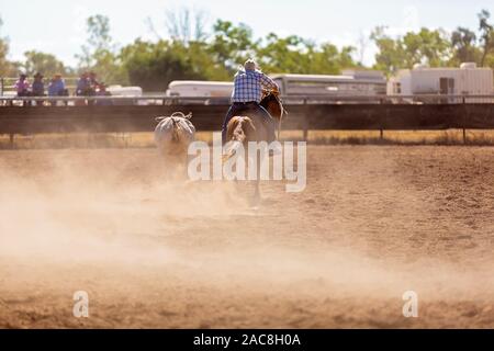 Un cowboy arrondit un veau dans un camp, la rédaction de la concurrence dans l'arène d'un poussiéreux rodeo Banque D'Images