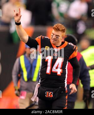 Cincinnati, United States. 06Th Nov, 2019. Le quart-arrière des Bengals de Cincinnati Andy Dalton (14) célèbre après avoir battu les New York Jets 22-6 au Stade Paul Brown à Cincinnati, Ohio, le 1 décembre 2019. Photo de John Sommers II /Crédit : UPI UPI/Alamy Live News Banque D'Images