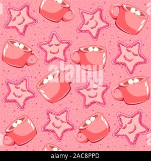 D'épices rose avec de la confiture de fraise avec du chocolat chaud à la guimauve. Kawaii Cute seamless pattern pour les vacances de Noël et vacances d'hiver. Illustration de Vecteur