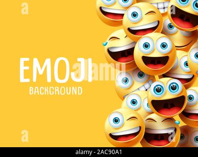 Émoticônes vector background. Funny smiley emoticon avec texte fond emoji face en tête de groupe excité, surprise, souriant et heureux d'expression. Illustration de Vecteur