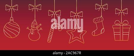 Ornements de Noël accroché sur fond rouge Illustration de Vecteur