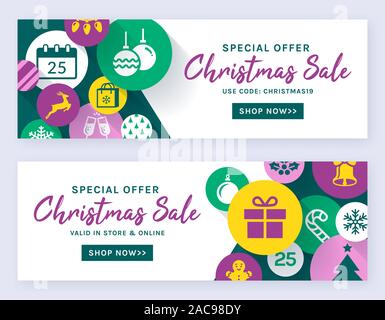 Vente de Noël des bannières. Vector web templates. Définir les étiquettes horizontales pour les vacances promotions et offres d'achat en ligne. Illustration de Vecteur