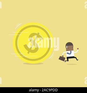 African businessman running away from golden énorme pièce d'un dollar. Illustration de Vecteur