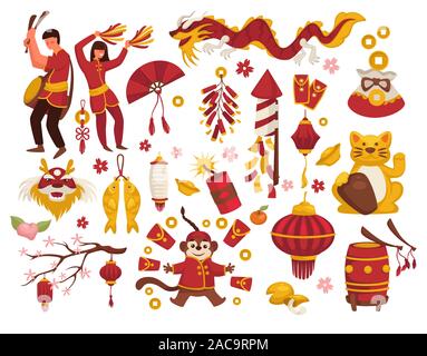 Nouvelle Année en Chine symboles traditionnels icônes isolé Illustration de Vecteur