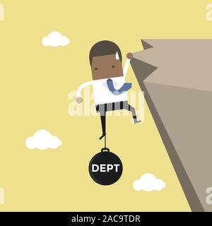 African businessman essayer dur pour tenir sur la falaise avec le fardeau de la dette. Illustration de Vecteur